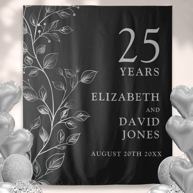 Tenture Fond de décor floral argent pour 25e anniversaire  (Floral Silver 25th Anniversary Photo Backdrop)