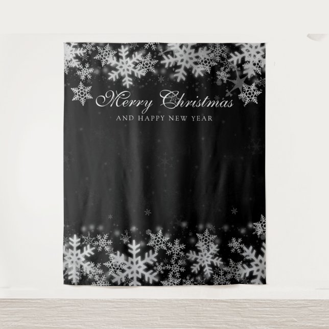 Tenture Fond de décor Noël Fêtes Flocons de Neige Argentés (Devant)