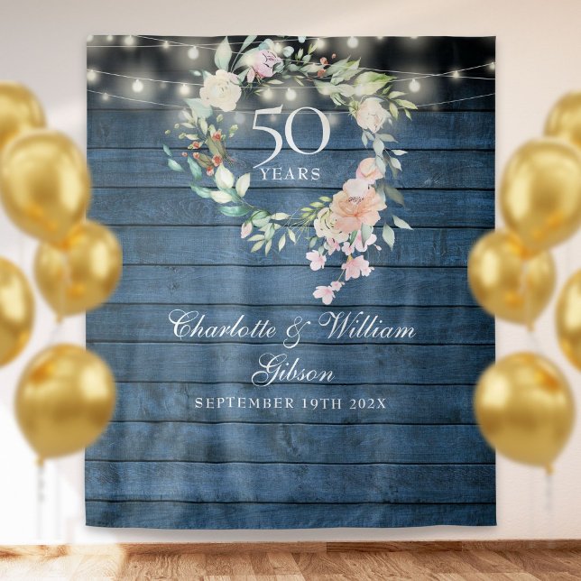 Tenture Fond de décor photo floral rustique bleu pour 50e  (50th Anniversary Blue Rustic Floral Photo Backdrop)