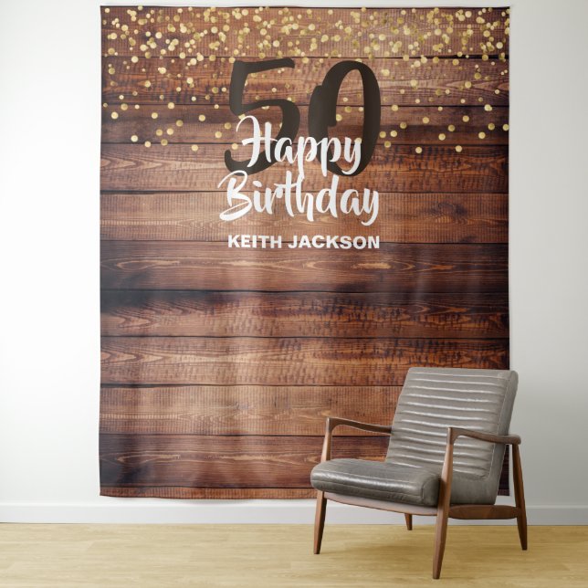 Tenture Fond de décor photo Joyeux Anniversaire Bois Rusti (En situation)