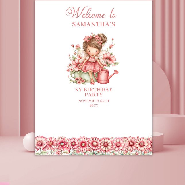 Tenture Fond de Décor pour 4ème Anniversaire Fleurs Roses  (Magical Fairy Pink Flowers 4th Birthday Backdrop)