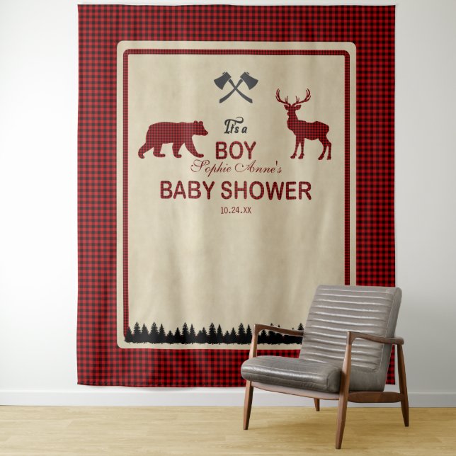 Tenture Fond de décor pour Baby Shower Lumberjack Red Buff (En situation)