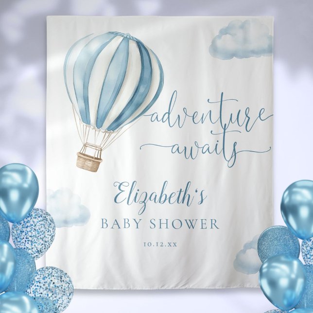 Tenture Fond de décor pour séance photo Baby Shower Montgo (Blue Hot Air Balloon Baby Shower Photo Backdrop)