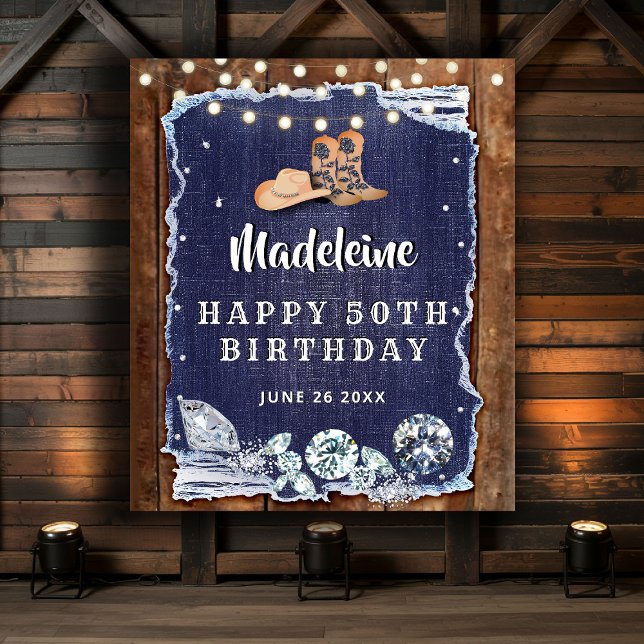 Tenture Fond de Décoration Anniversaire Western Rustique D (denim and diamonds birthday party backdrop rustic wood country western bling glam blue white)
