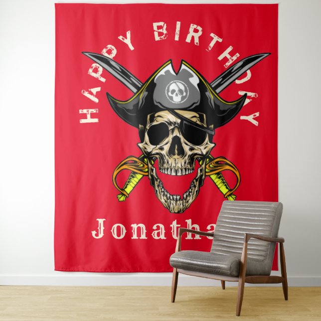 Tenture Fond de décoration d'anniversaire Crâne de Pirate  (En situation)
