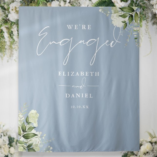Tenture Fond de Décoration de Fête de Fiançailles avec Feu (Greenery Dusty Blue Engagement Party Backdrop)