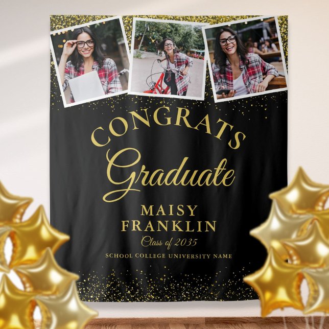 Tenture Fond de décoration de graduation pailleté noir et  (Black And Gold Glitter Graduation 3 Photo Backdrop)