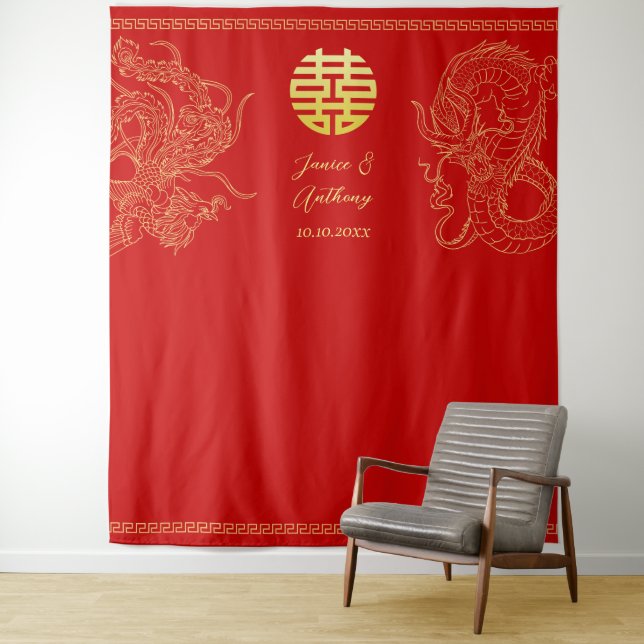 Tenture Fond de décoration de mariage dragon phénix chinoi (En situation)