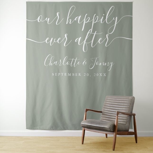 Tenture Fond de décoration de mariage vert sauge élégant (En situation)