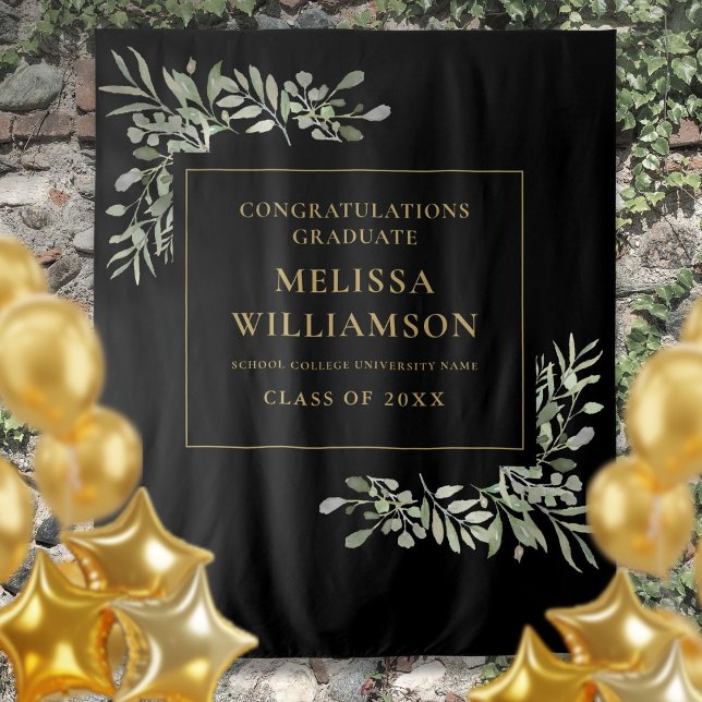 Tenture Fond de décoration de photo de remise de diplômes  (Greenery Black And Gold Graduation Photo Backdrop)