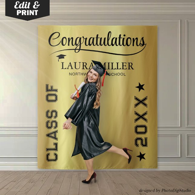 Tenture Fond de décoration de photo de remise de diplômes  (Editable Black & Gold Graduation Photo Backdrop)