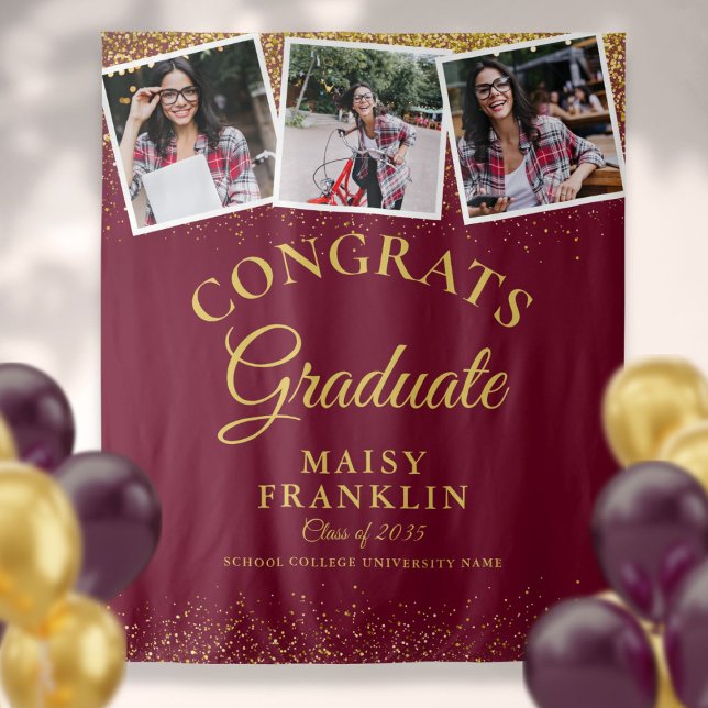 Tenture Fond de décoration de remise de diplômes en paille (Burgundy Gold Glitter Graduation 3 Photo Backdrop)