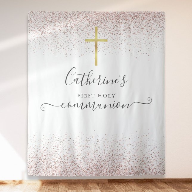 Tenture Fond de décoration pour photo de première communio (Rose Gold Glitter Holy Communion Photo Backdrop)