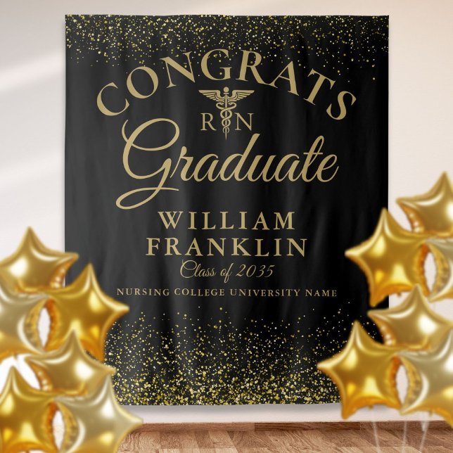 Tenture Fond de décoration pour photo de remise de diplôme (Black Gold RN Nursing Graduation Photo Backdrop)