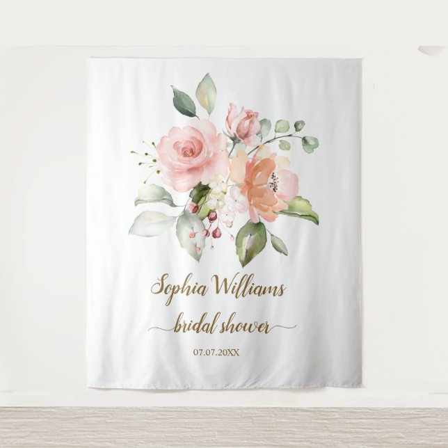 Tenture Fond de douche de mariée - Roses roses blush (Devant)