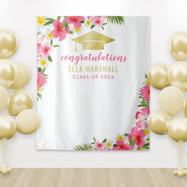 Tenture Fond de Félicitations de Diplômé Rose Or Tropical (Créateur téléchargé)