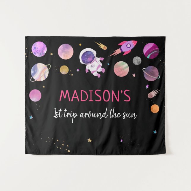 Tenture Fond de fête d'anniversaire d'astronaute fille ros (Devant (Horizontal))