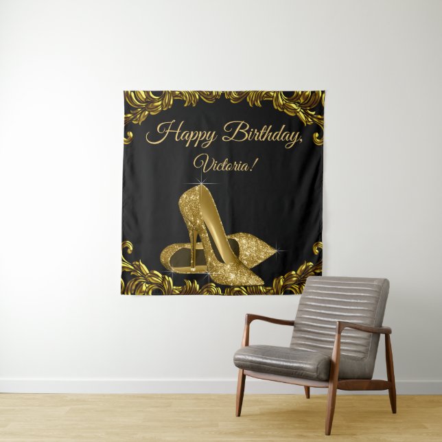Tenture Fond de fête d'anniversaire de chaussure dorée noi (En situation)