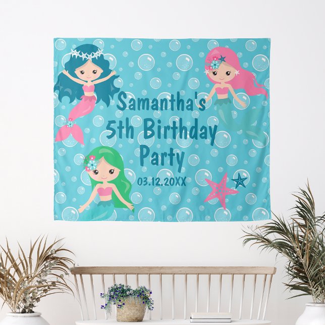 Tenture Fond de fête d'anniversaire de sirène mignonne (Cute Mermaid Birthday Party Backdrop
)
