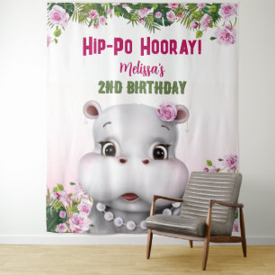 Tenture Fond de fête d'anniversaire fille hippopotame rose