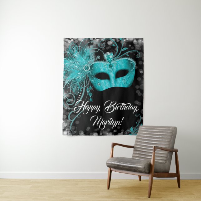 Tenture Fond de fête d'anniversaire masqué bleu sarcelle (En situation)