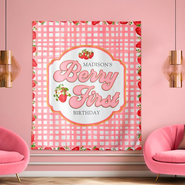 Tenture Fond de fête d'anniversaire Première Fraise Rouge  (Créateur téléchargé)