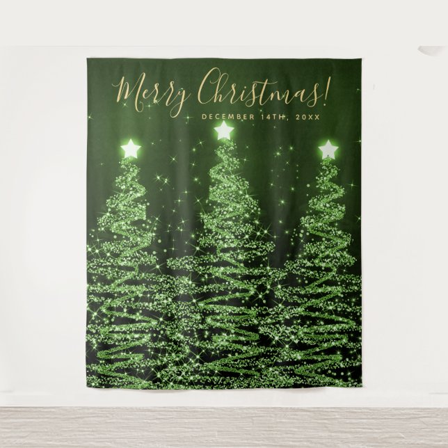 Tenture Fond de fête doré vert Joyeux Noël Arbres (Devant)