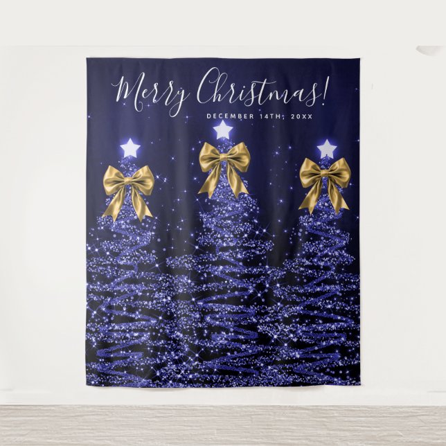 Tenture Fond de fête navale de Noël Arbres de Noël Bleu Or (Devant)