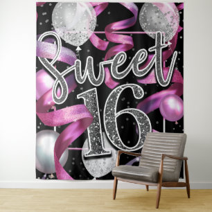 Tenture Fond de fête Sweet 16 Pailleté Argent Noir Rose