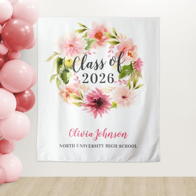 Tenture Fond de graduation aquarelle floral rose 2026 (Créateur téléchargé)