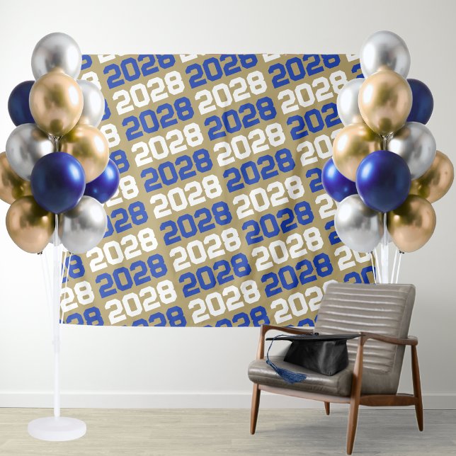 Tenture Fond de graduation bleu et or (Blue and Gold Trendy Modern Graduation Repeating Class Year Backdrop)