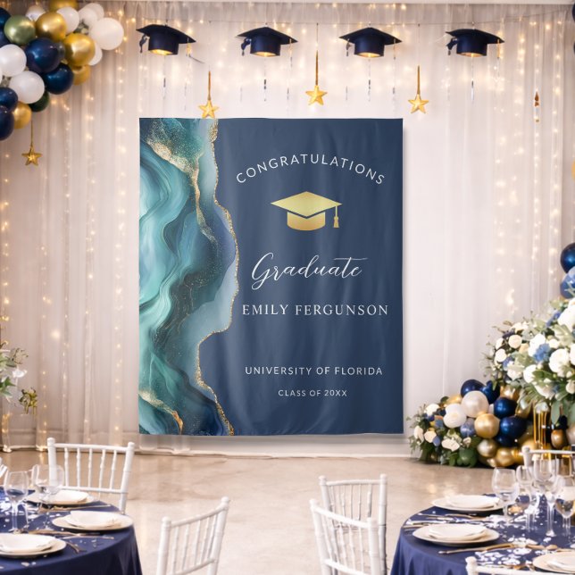 Tenture Fond de graduation bleu et or moderne agate (Modern Blue and gold Congratulations graduate backdrop)