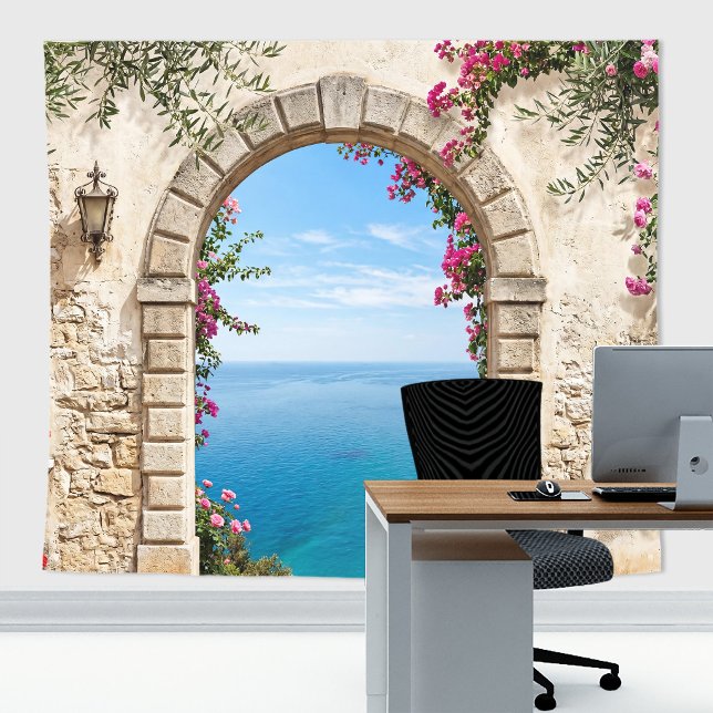 Tenture Fond de mariage à vue sur l'océan avec arche médit (Italian Villa seaside tapestry for zoom meetings, wedding backdrop or home decor)