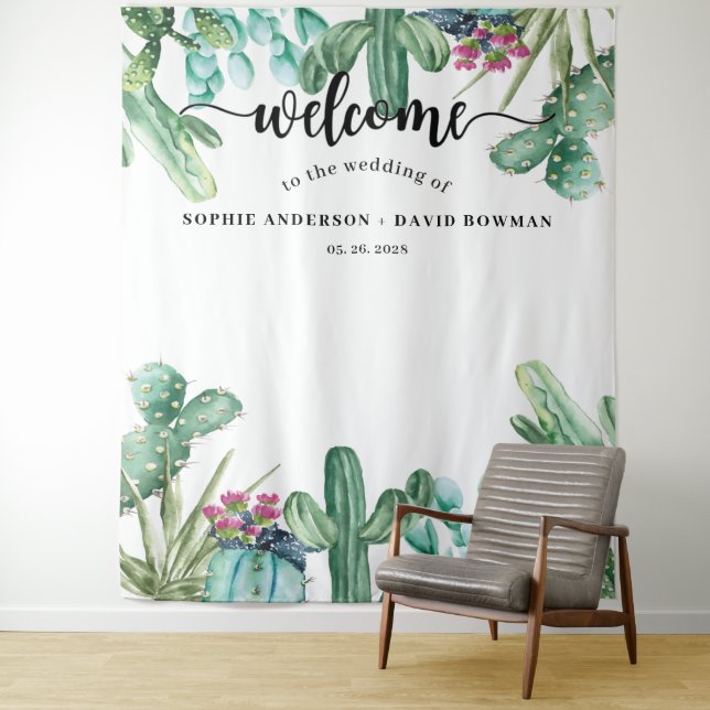Tenture Fond de mariage aquarelle cactus succulent (En situation)