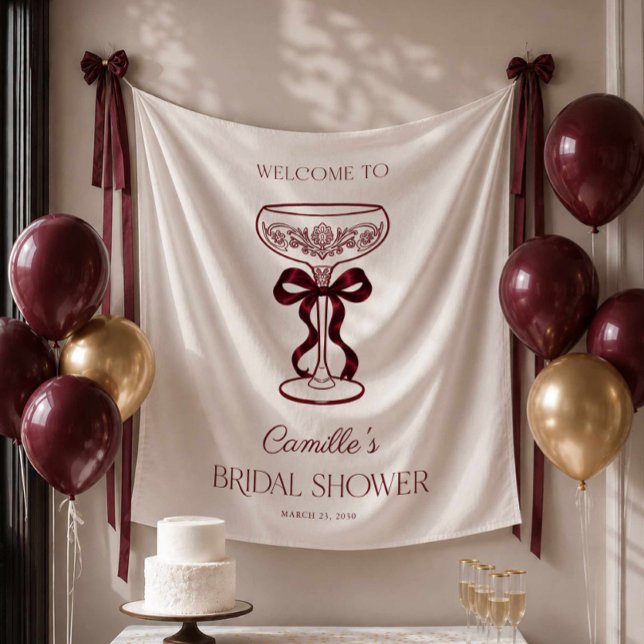 Tenture Fond de mariage avec rubans de Bourgogne et bulles (Burgundy Bows and Bubbly Bridal Shower Backdrop)