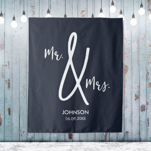 Tenture Fond de mariage bleu marine personnalisé M. Mme na