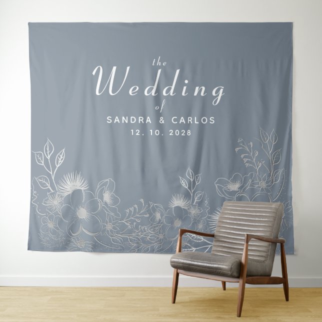 Tenture Fond de mariage bleu poussiéreux floral (En situation (horizontale))