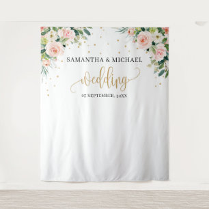 Tenture Fond de mariage bohème rose poudré floral or vert
