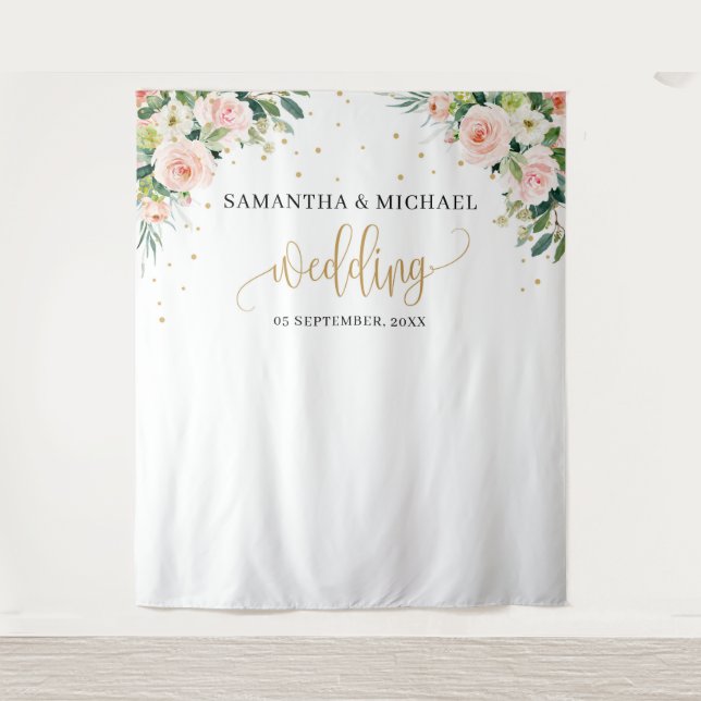 Tenture Fond de mariage bohème rose poudré floral vert dor (Devant)