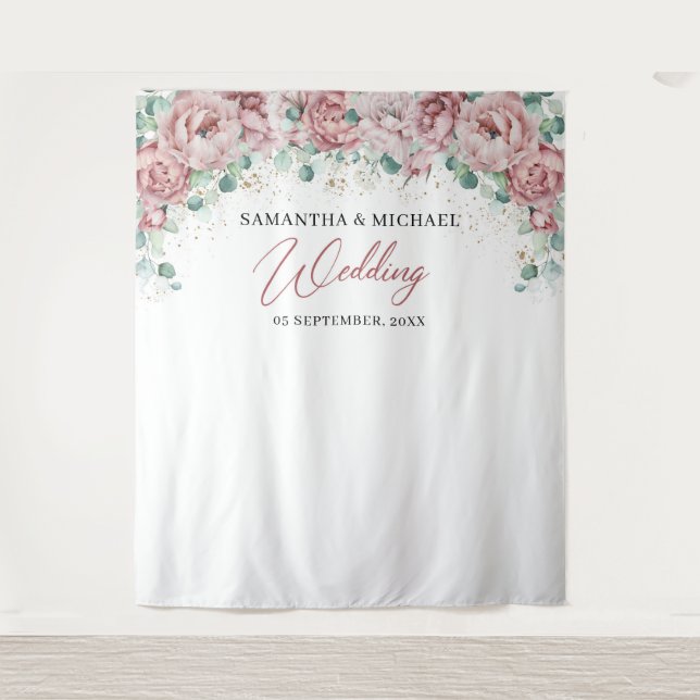 Tenture Fond de mariage bohème rose poudré floral vert dor (Devant)