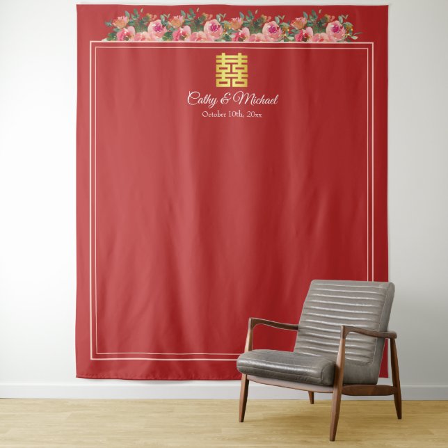 Tenture Fond de mariage chinois moderne rouge paeonia rose (En situation)