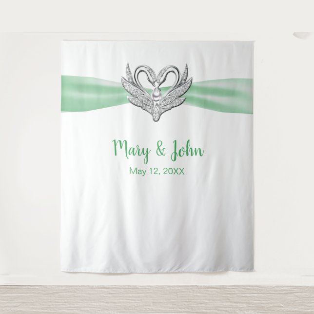 Tenture Fond de mariage Cygnes Argent Ruban Vert (Devant)