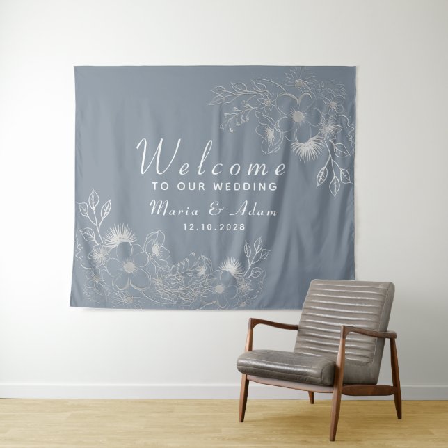 Tenture Fond de mariage de bienvenue bleu poussiéreux (En situation (horizontale))