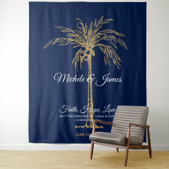 Tenture Fond de mariage de plage avec palmier en or bleu m (En situation)