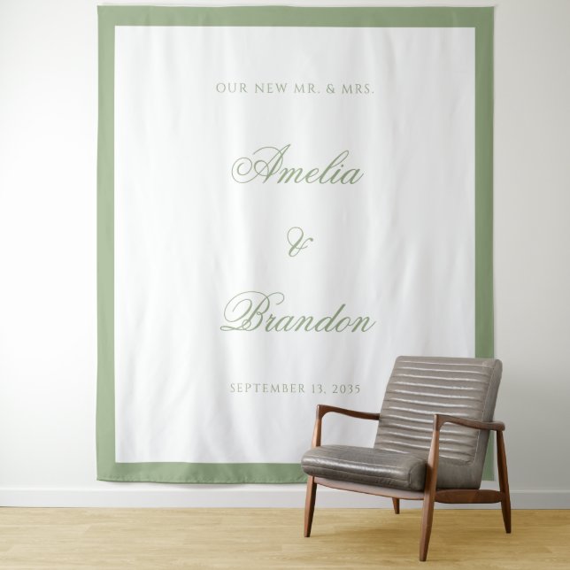 Tenture Fond de mariage élégant classique vert sauge bordu (En situation)