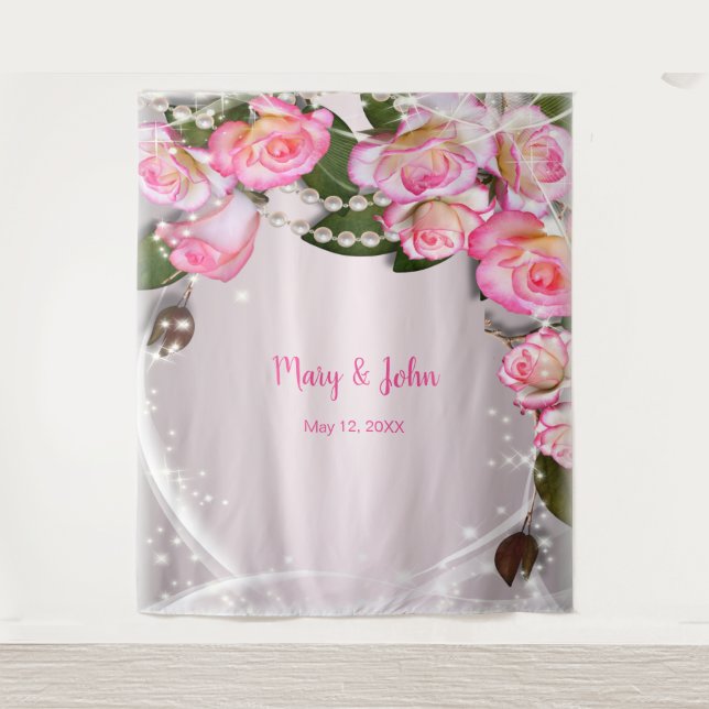 Tenture Fond de mariage élégant roses roses et perles (Devant)