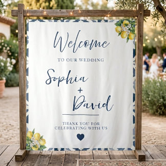 Tenture Fond de mariage en carrelage bleu citron méditerra