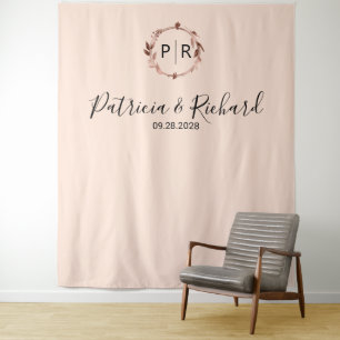 Tenture Fond de mariage en feuille de rose pêche à monogra