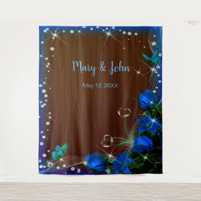 Tenture Fond de mariage floral bleu en bois sombre rustiqu (Devant)