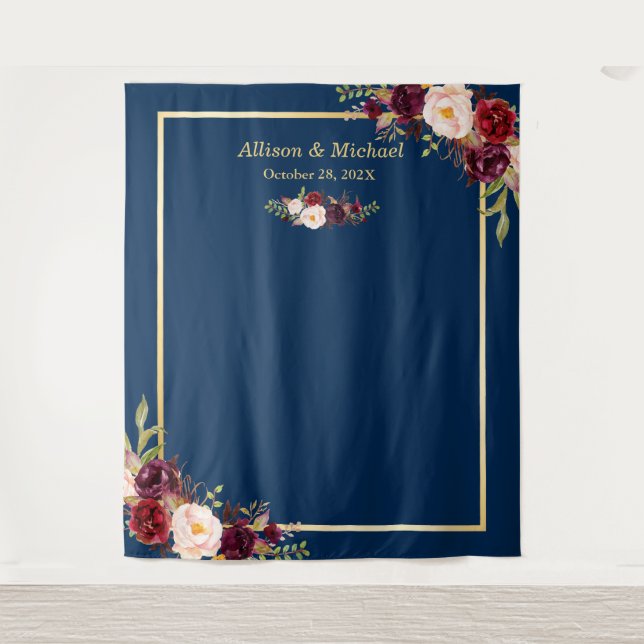 Tenture Fond de mariage floral bleu marine or burgundy (Devant)